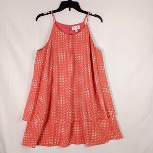 Elle Coral Polka Dot Tiered Swing Dress Sleeveless Womens L Flowy